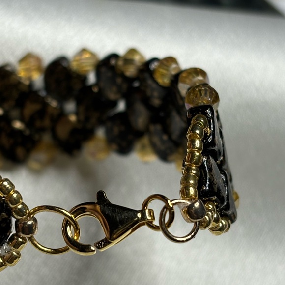 Hand crafted mermaid bracelet black gold gingko beads & bicones 7-71/2 inches - Picture 7 of 7